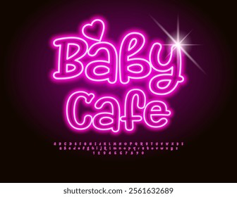 Vector cute logo Baby Cafe. Handwritten Neon Font. Pink glowing Alphabet Letters and Numbers set