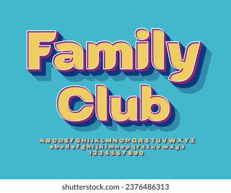 Vector lindo logo Family Club. Fuente 3D de moda. Conjunto elegante de letras y números de alfabeto