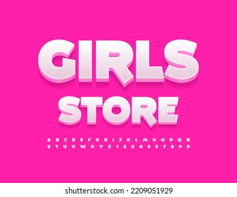 Vector cute logo Girls Store. Modern White 3D Font. Artistic Alphabet Letters and Numbers