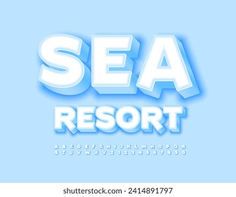 Vector cute logo Sea Resort. Stylish 3D Font. Trendy Alphabet Letters and Numbers set.