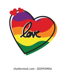 Señal de amor vectorial lindo en la bandera LGBT en una forma del corazón, diseño de amor escrito a mano en el corazón. Aislado sobre fondo blanco.