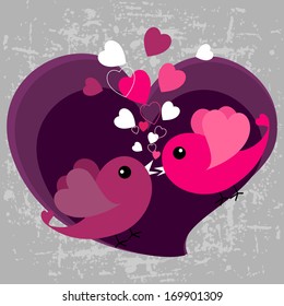 vector cute lover birds on heart with grungy background