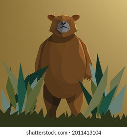 Vector cute low poly animals for children to learning alphabet B or Cartoon character Bear or Grizzly Bear on gradient yellow background and animal image for online education