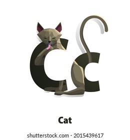 Vector cute low poly animals for children to learning alphabet C or Cartoon character Cat on gradient navy green backdrop and animal images isolated on white background for online education