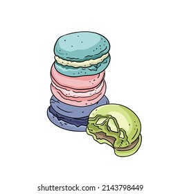 Vector cute macaroons set in hand-drawn style. Isolated colorful cookies. French food illustration.