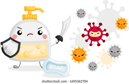 A Vector of Cute Mad Soap Fighting Viruses with Its Sword and Shield 