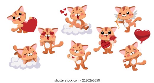 Vector cute male cat character in love set. Valentines day animal with heart balloon, dreaming in clouds of love, with love letter, holding cupid arrow and bow. Lovely wedding mascot set.