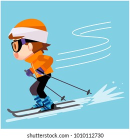 Vector cute man/boy character in ski suit skiing