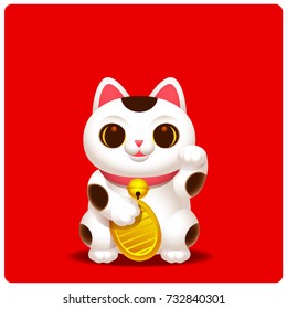 Vector bonito Maneki-neko, personagem de gato sortudo com moeda dourada no fundo de cor vermelha.