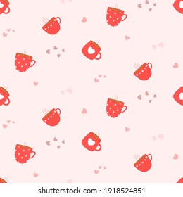 Vector - Cute many hot coffee or tea cup on pink background. Beverage. Can be use for print, paper, wrapping, fabric, origami.