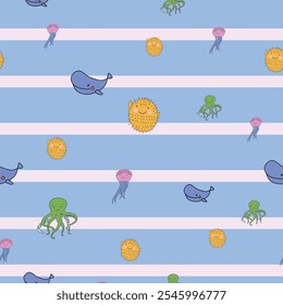 Vector Cute Marine Life Animals Seamless Pattern. Great Repeat pattern for textile, wallpaper, background, for kids designs.