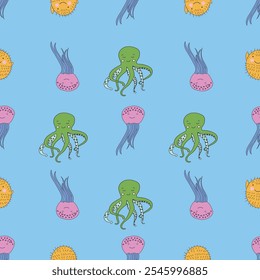 Vector Cute Marine Life Animals Seamless Pattern. Great Repeat pattern for textile, wallpaper, background, for kids designs.