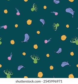 Vector Cute Marine Life Animals Seamless Pattern. Great Repeat pattern for textile, wallpaper, background, for kids designs.