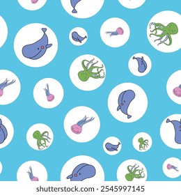 Vector Cute Marine Life Animals Seamless Pattern. Great Repeat pattern for textile, wallpaper, background, for kids designs.