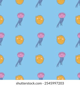 Vector Cute Marine Life Animals Seamless Pattern. Great Repeat pattern for textile, wallpaper, background, for kids designs.