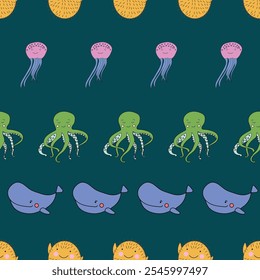 Vector Cute Marine Life Animals Seamless Pattern. Great Repeat pattern for textile, wallpaper, background, for kids designs.