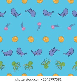 Vector Cute Marine Life Animals Seamless Pattern. Great Repeat pattern for textile, wallpaper, background, for kids designs.