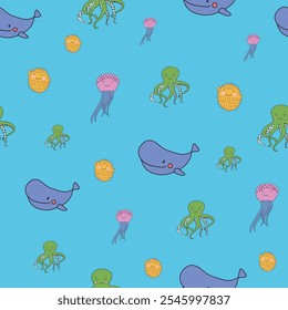 Vector Cute Marine Life Animals Seamless Pattern. Great Repeat pattern for textile, wallpaper, background, for kids designs.