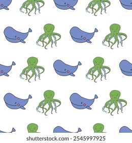 Vector Cute Marine Life Animals Seamless Pattern. Great Repeat pattern for textile, wallpaper, background, for kids designs.