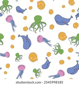 Vector Cute Marine Life Animals Seamless Pattern. Great Repeat pattern for textile, wallpaper, background, for kids designs.