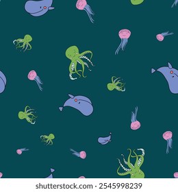 Vector Cute Marine Life Animals Seamless Pattern. Great Repeat pattern for textile, wallpaper, background, for kids designs.