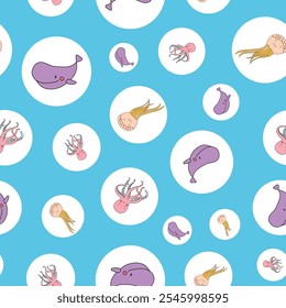 Vector Cute Marine Life Animals Seamless Pattern. Great Repeat pattern for textile, wallpaper, background, for kids designs.