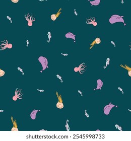 Vector Cute Marine Life Animals Seamless Pattern. Great Repeat pattern for textile, wallpaper, background, for kids designs.