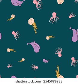 Vector Cute Marine Life Animals Seamless Pattern. Great Repeat pattern for textile, wallpaper, background, for kids designs.