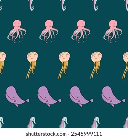 Vector Cute Marine Life Animals Seamless Pattern. Great Repeat pattern for textile, wallpaper, background, for kids designs.