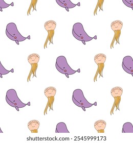 Vector Cute Marine Life Animals Seamless Pattern. Great Repeat pattern for textile, wallpaper, background, for kids designs.