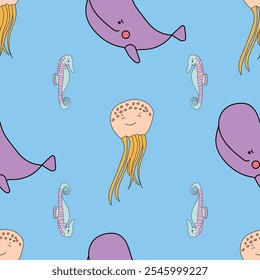 Vector Cute Marine Life Animals Seamless Pattern. Great Repeat pattern for textile, wallpaper, background, for kids designs.