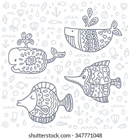 Vector cute marine life doodle set. Coloring book sea. Beautiful vector design.