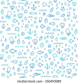 Vector cute marine life doodle seamless pattern. Beautiful vector design.