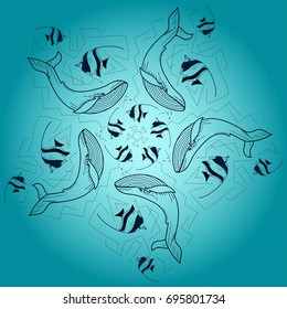 Vector cute marine mandala background with fish and whale in the ocean