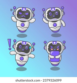 Vector cute mascot robot character in different poses technology