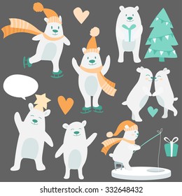 Vector cute mascot of white cartoon bear for winter holidays in modern flat design, with winter christmas elements, hats, christmas tree, gifts and so on