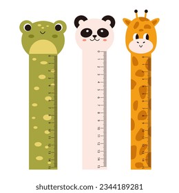 Vector cute measuring ruler set. School rulers with kawaii animals. Panda, frog and giraffe smiling face. Measuring tool collection. Student ruler with funny animal faces. Centimeter scales.