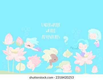 Vector Cute Mermaids and Funny Fish on Blue Background