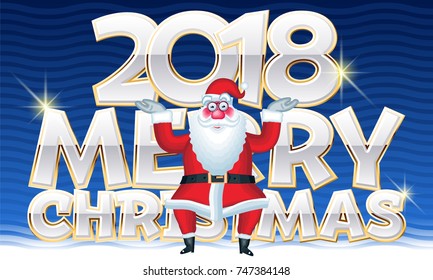 Vector cute Merry Christmas 2018 greeting card with golden shine and  funny Santa Claus