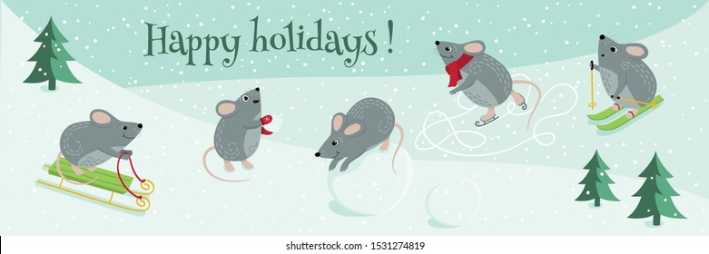 Vector cute mice are the symbol of 2020. Funny mice play winter games: skiing, playing snowballs, sledding, ice skating, sculpting a snowman. Mouse new year banner for your design. Set of mice.