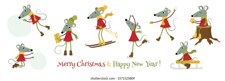 Vector cute mice are the symbol of 2020. Funny mice play winter games: skiing, playing snowballs, sledding, ice skating, sculpting a snowman. Mouse new year banner for your design. Set of mice.