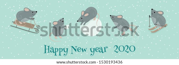 年のシンボルはベクターカワイトネズミ おかしなネズミが冬遊びをする スキー スノーボール スリング アイススケート 雪だるまの彫刻 デザイン用のマウスの新年のバナー マウスのセット のベクター画像素材 ロイヤリティフリー