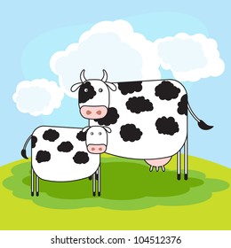 Vector cute milk cow & baby cow