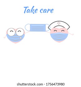 Vector De Un Médico Y Enfermero Cuto De Mini Corazón Con Máscara De Oído Azul Para Proteger Virus Y Gripe Y PM2.5, Sostener La Máscara Quirúrgica Y El Texto Cuidar De Blanco