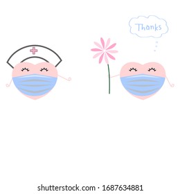 Vector Cute Mini Heart Wearing Blue Ear Loop Mask For Protect Virus And Flu And PM2.5 , Give A Flower For Thank You The Nurse With Gratitude On White Background In Pandemic Situation