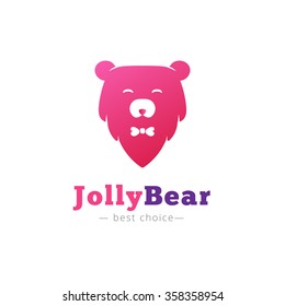 Vector cute minimalistic bear head with bow tie logo. Brand sign
