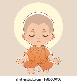 Vector cute monk meditates. Illustrtion of sitting little buddhist monk with shining halo