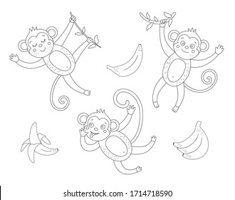 Vector cute monkey with bananas outline set. Funny tropical exotic animal and fruit black and white illustration. Fun coloring page for children. Jungle summer clip art collection