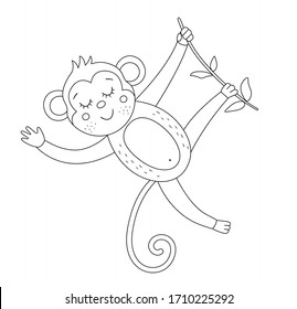 Vector cute monkey hanging on a tree brunch outline. Funny tropical exotic animal black and white illustration. Fun coloring page for children. Jungle summer clip art