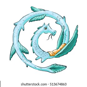 vector cute  monster or dragon, snake, mystic symbols. Hand drawn illustration, sketch of fable, fantasy animal, suitable for childish goods, sticker, print, decoration paper, coloring book,